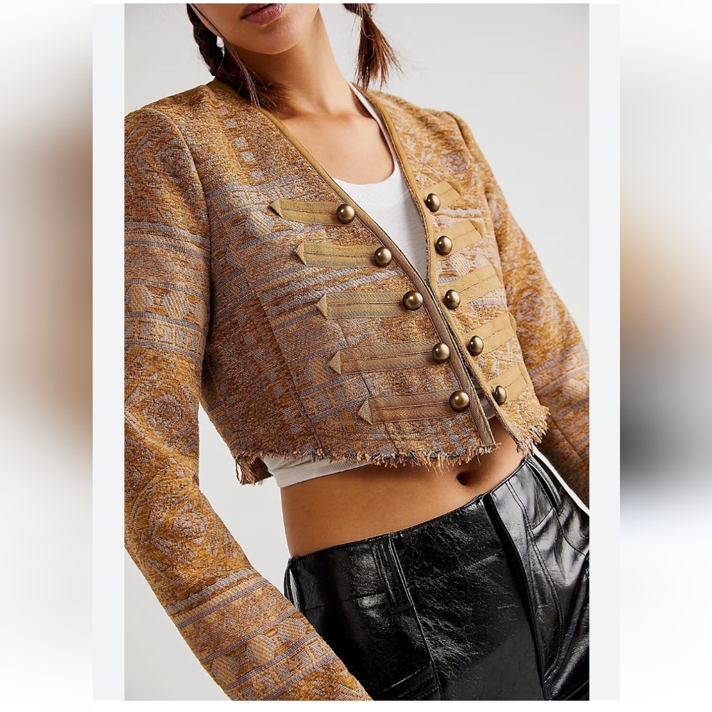BNWT! L" FREE PEOPLE Juliette Cropped Jacket in Gold Combo - Picture 13 of 16